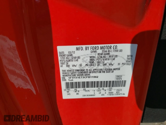 2012 Ford F-150 XL with VIN 1FTFX1ET3CFB11562, listed as a Copart auction lot 63580935 with 168,449 mi miles and Clean title. Bid and sale history available at DreamBid. Image 12.