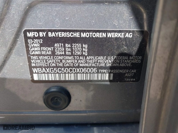 2012 BMW 5 Series 528i with VIN WBAXG5C50CDX06006, listed as a IAAI auction lot 41862588 with 159,221 mi miles. Bid and sale history available at carsss.com. Image 9.