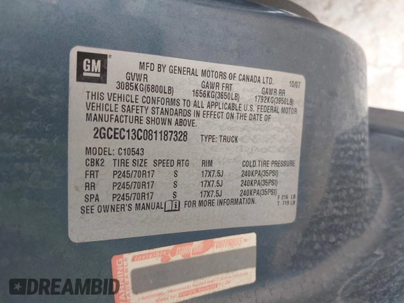 2008 Chevrolet Silverado 1500 Work Truck with VIN 2GCEC13C081187328, listed as a IAAI auction lot 42101495 with Not Provided miles and . Bid and sale history available at DreamBid. Image 9.