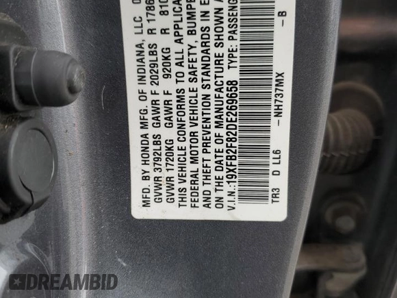 2013 Honda Civic EX with VIN 19XFB2F82DE269658, listed as a Copart auction lot 53803815 with 118,140 mi miles and Salvage Title. Bid and sale history available at DreamBid. Image 12.