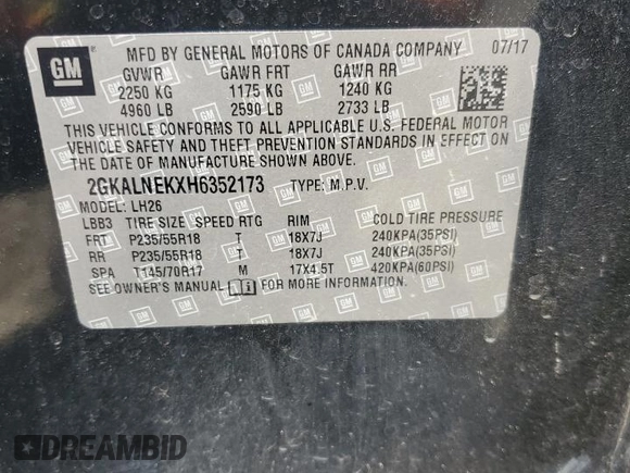 2017 GMC Terrain SLE with VIN 2GKALNEKXH6352173, listed as a Copart auction lot 51631745 with 110,977 mi miles and Clean Title. Bid and sale history available at carsss.com. Image 13.