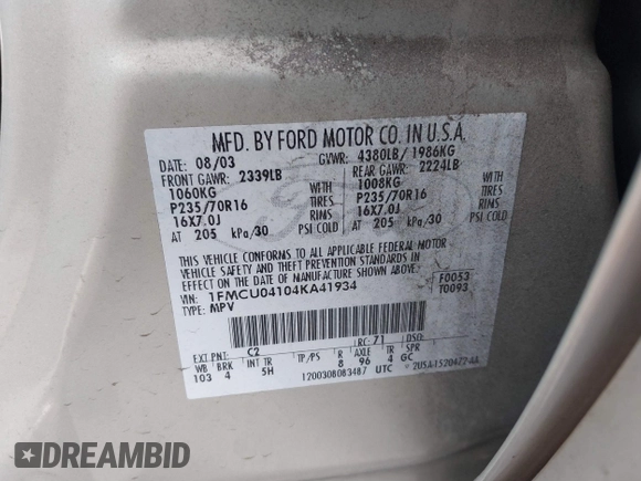 2004 Ford Escape Limited z VIN 1FMCU04104KA41934, wystawiony jako IAAI lot #41444706 z przebiegiem 169 347 mil mil oraz . Historia ofert i sprzedaży dostępna na DreamBid. Obrazek 9.