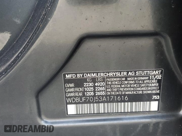 2003 Mercedes-Benz E-Class 5.0L with VIN WDBUF70J53A171616, listed as a Copart auction lot 75236894 with 0 mi miles and Salvage Title. Bid and sale history available at carsss.com. Image 13.