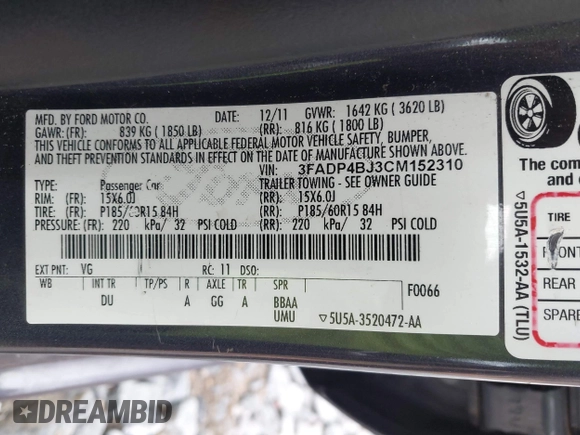 2012 Ford Fiesta SE with VIN 3FADP4BJ3CM152310, listed as a IAAI auction lot 42028398 with 124,530 mi miles and . Bid and sale history available at DreamBid. Image 9.