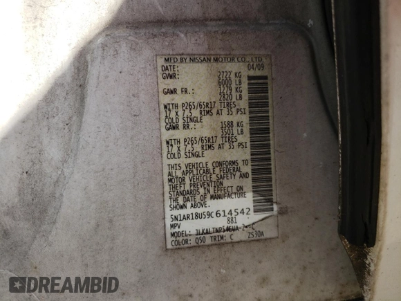 2009 Nissan Pathfinder LE с VIN 5N1AR18U59C614542, выставлен на аукционе Copart как лот 61958245 с пробегом 181 806 миль миль и Списание • Salvage title. История ставок и продаж доступна на DreamBid. Изображение 13.