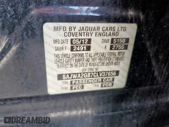 2012 Jaguar XJ XJL with VIN SAJWA2GB7CLV37656, listed as a Copart auction lot 62450905 with 88,954 mi miles and Salvage title. Bid and sale history available at DreamBid. Image 13.