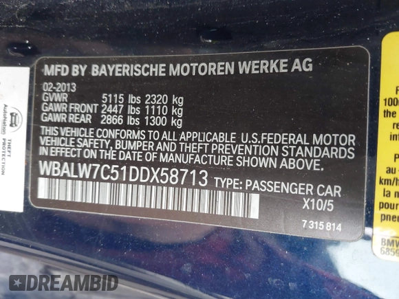 2013 BMW 6 Series 640i with VIN WBALW7C51DDX58713, listed as a IAAI auction lot 42005436 with 77,563 mi miles and . Bid and sale history available at carsss.com. Image 9.