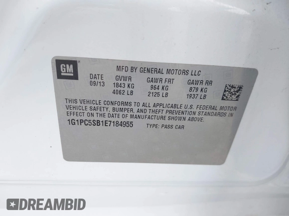 2014 Chevrolet Cruze 1LT with VIN 1G1PC5SB1E7184955, listed as a IAAI auction lot 42425326 with 144,600 mi miles and . Bid and sale history available at DreamBid. Image 9.