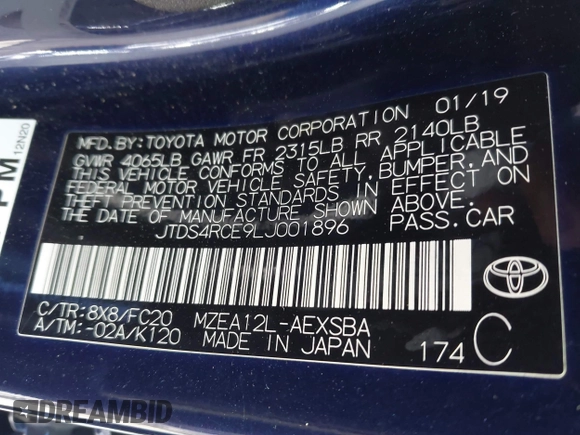 2020 Toyota Corolla SE with VIN JTDS4RCE9LJ001896, listed as a IAAI auction lot 41945576 with 123,601 mi miles and . Bid and sale history available at DreamBid. Image 9.