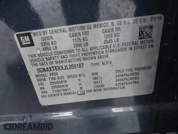 2018 Chevrolet Equinox LT with VIN 3GNAXTEXXJL269187, listed as a IAAI auction lot 41866559 with 44,981 mi miles. Bid and sale history available at carsss.com. Image 9.