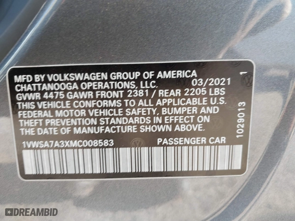 2021 Volkswagen Passat 2.0T SE with VIN 1VWSA7A3XMC008583, listed as a IAAI auction lot 41786307 with 56,446 mi miles. Bid and sale history available at carsss.com. Image 9.