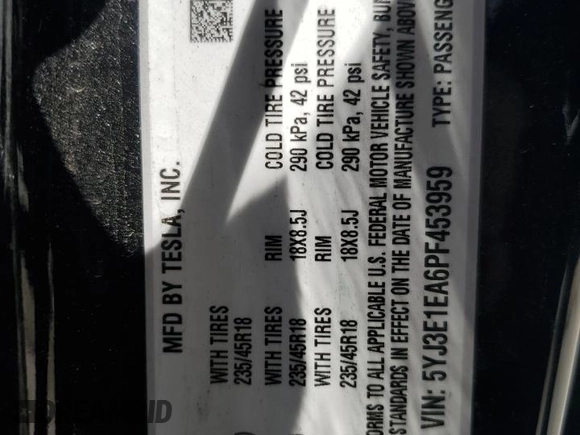 2023 Tesla Model 3 z VIN 5YJ3E1EA6PF453959, wystawiony jako Copart lot #61441935 z przebiegiem 105 343 mil mil oraz Szkoda całkowita • Salvage title. Historia ofert i sprzedaży dostępna na DreamBid. Obrazek 12.