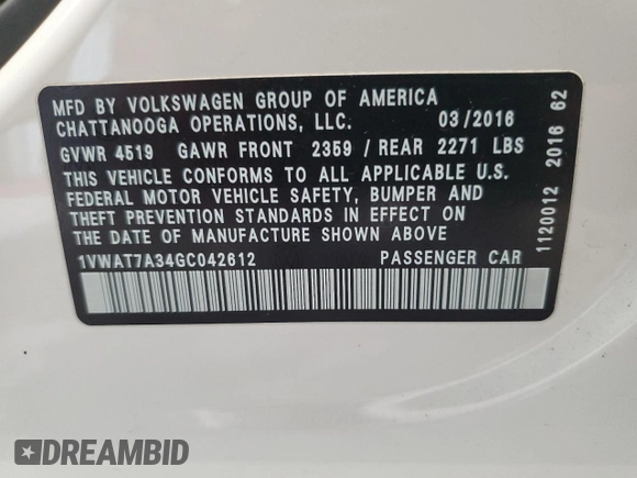 2016 Volkswagen Passat S with VIN 1VWAT7A34GC042612, listed as a Copart auction lot 57179225 with 66,014 mi miles and Salvage title. Bid and sale history available at DreamBid. Image 13.