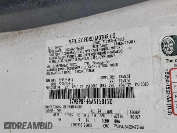 2010 Ford Mustang GT with VIN 1ZVBP8FH6A5158120, listed as a Copart auction lot 56406595 with 114,341 mi miles and Salvage title. Bid and sale history available at DreamBid. Image 12.