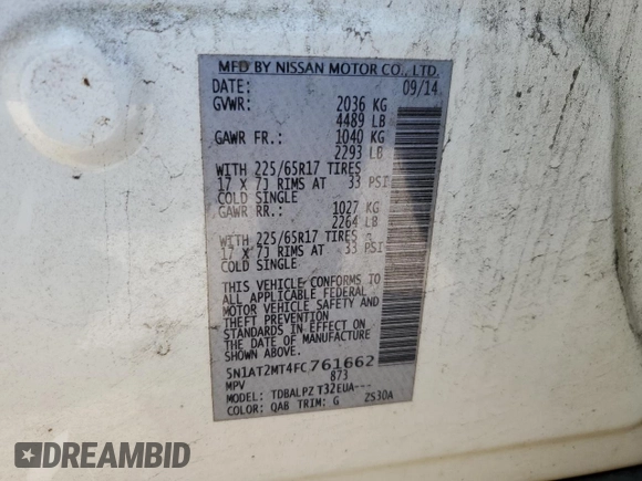 2015 Nissan Rogue SV with VIN 5N1AT2MT4FC761662, listed as a Copart auction lot 49677125 with 178,662 mi miles and Salvage Title. Bid and sale history available at carsss.com. Image 14.