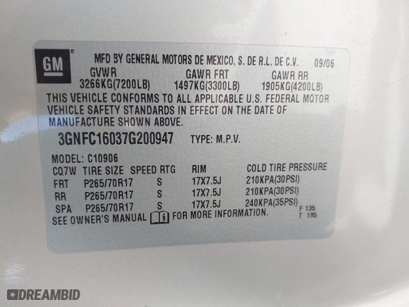 2007 Chevrolet Suburban LTZ with VIN 3GNFC16037G200947, listed as a IAAI auction lot 41699274 with 217,182 mi miles. Bid and sale history available at carsss.com. Image 9.