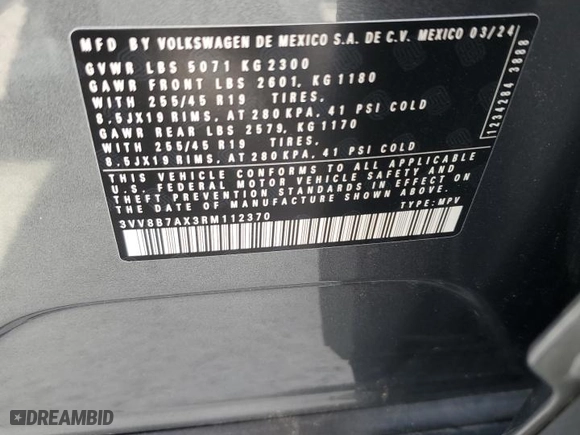 2024 Volkswagen Tiguan SE R-Line Black with VIN 3VV8B7AX3RM112370, listed as a Copart auction lot 54293335 with 3,330 mi miles and Salvage Title. Bid and sale history available at carsss.com. Image 13.