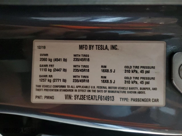 2020 Tesla Model 3 Standard Range Plus with VIN 5YJ3E1EA7LF614913, listed as a Copart auction lot 48518555 with 121,482 mi miles and Salvage Title. Bid and sale history available at carsss.com. Image 13.
