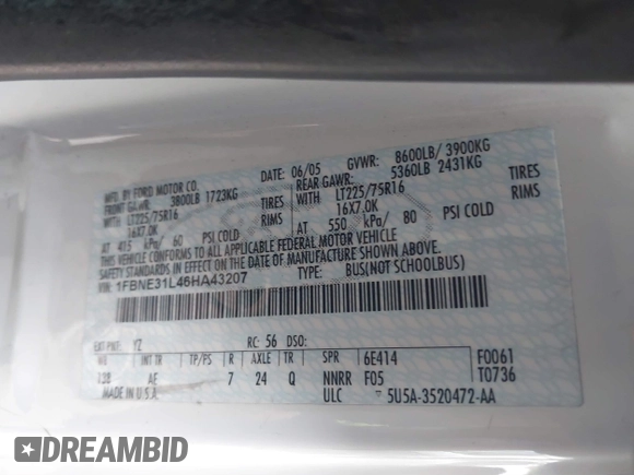 2006 Ford Econoline Passenger XL с VIN 1FBNE31L46HA43207, выставлен на аукционе IAAI как лот 41798703 с пробегом 91 352 миль миль и . История ставок и продаж доступна на DreamBid. Изображение 9.