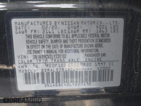 2020 Nissan Sentra SV with VIN 3N1AB8CV2LY220192, listed as a IAAI auction lot 41674675 with 37,621 mi miles. Bid and sale history available at carsss.com. Image 9.
