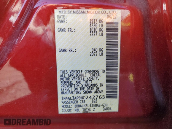 2017 Nissan Altima S z VIN 1N4AL3AP9HC242763, wystawiony jako Copart lot #43563185 z przebiegiem 133 871 mil mil oraz Szkoda całkowita • Salvage title. Historia ofert i sprzedaży dostępna na DreamBid. Obrazek 13.