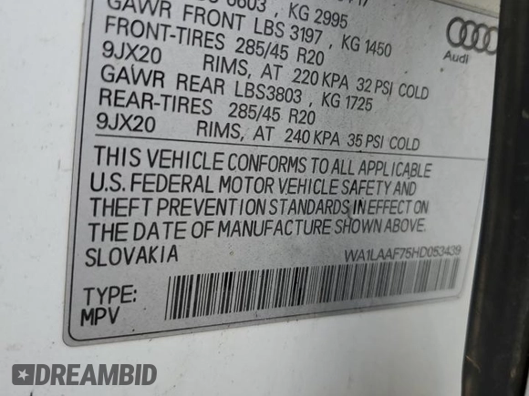 2017 Audi Q7 Premium Plus with VIN WA1LAAF75HD053439, listed as a Copart auction lot 49622825 with Not Provided miles and Non Repairable. Bid and sale history available at DreamBid. Image 13.