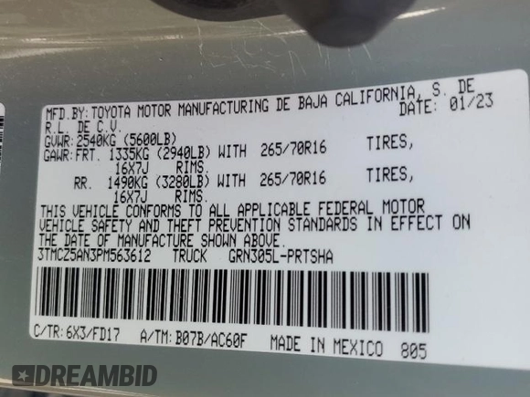 2023 Toyota Tacoma SR with VIN 3TMCZ5AN3PM563612, listed as a Copart auction lot 53995225 with 37,699 mi miles and Salvage title. Bid and sale history available at DreamBid. Image 12.
