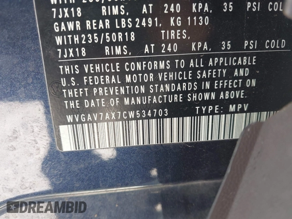 2012 Volkswagen Tiguan SE with VIN WVGAV7AX7CW534703, listed as a IAAI auction lot 42463358 with 119,699 mi miles and . Bid and sale history available at DreamBid. Image 9.