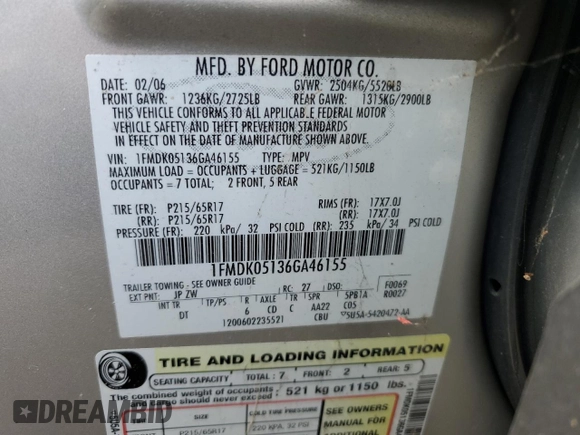2006 Ford Freestyle SEL z VIN 1FMDK05136GA46155, wystawiony jako Copart lot #57254025 z przebiegiem Nie podano mil oraz Szkoda całkowita • Salvage title. Historia ofert i sprzedaży dostępna na DreamBid. Obrazek 13.