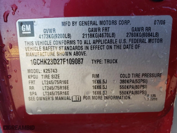 2007 Chevrolet Silverado 2500HD Classic LT3 with VIN 1GCHK23D27F109087, listed as a Copart auction lot 82801224 with 0 mi miles and Salvage Title. Bid and sale history available at carsss.com. Image 13.