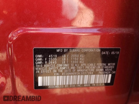 2019 Subaru Legacy with VIN 4S3BNAB63K3037269, listed as a Copart auction lot 55132533 with 80,882 mi miles. Bid and sale history available at carsss.com. Image 13.
