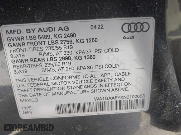 2022 Audi Q5 S line Premium with VIN WA1GAAFYXN2102653, listed as a IAAI auction lot 41967220 with 20,864 mi miles and . Bid and sale history available at DreamBid. Image 9.