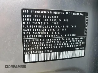 2021 Volkswagen Tiguan SE z VIN 3VV3B7AX8MM117650, wystawiony jako Copart lot #57075485 z przebiegiem 51 309 mil mil oraz Szkoda całkowita • Salvage title. Historia ofert i sprzedaży dostępna na DreamBid. Obrazek 13.