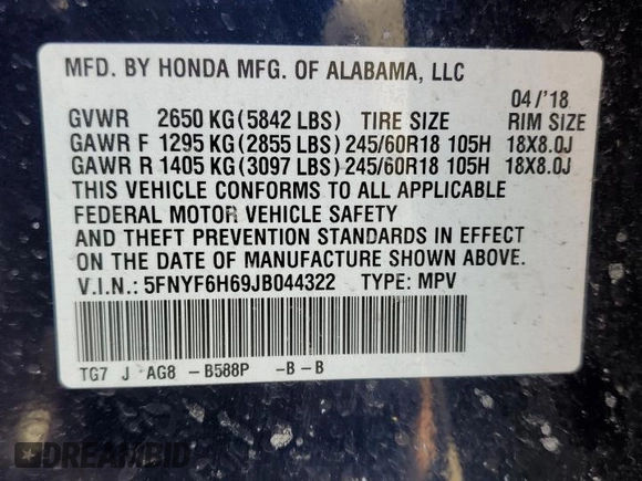 2018 Honda Pilot EX-L with VIN 5FNYF6H69JB044322, listed as a Copart auction lot 48287155 with 61,096 mi miles and Salvage title. Bid and sale history available at DreamBid. Image 14.