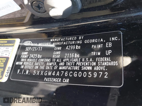 2012 Kia Optima LX with VIN 5XXGM4A76CG005972, listed as a IAAI auction lot 42055532 with 224,299 mi miles and . Bid and sale history available at carsss.com. Image 9.