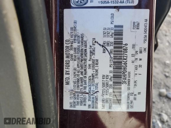 2012 Ford Fusion SE with VIN 3FAHP0HG6CR270876, listed as a Copart auction lot 52170205 with Not Provided miles and Clean Title. Bid and sale history available at DreamBid. Image 15.