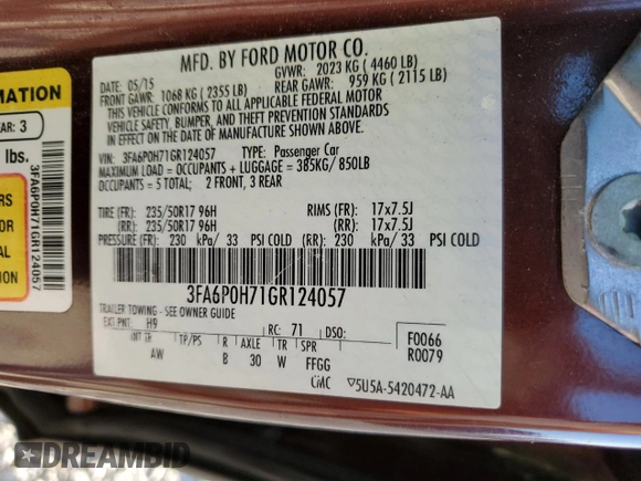 2016 Ford Fusion SE with VIN 3FA6P0H71GR124057, listed as a Copart auction lot 53366795 with 219,463 mi miles and Salvage title. Bid and sale history available at DreamBid. Image 12.