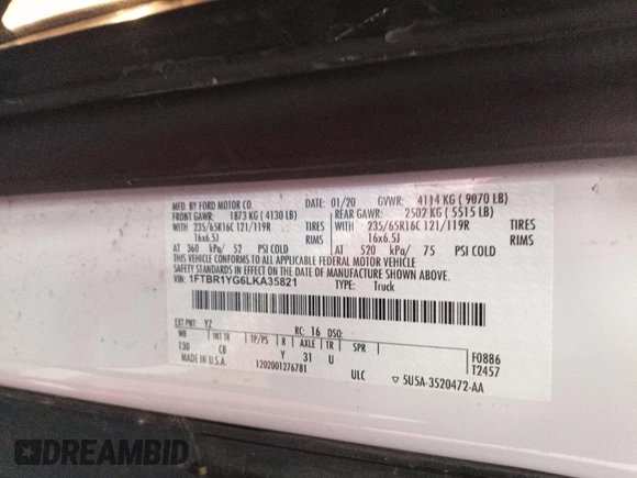 2020 Ford Transit with VIN 1FTBR1YG6LKA35821, listed as a IAAI auction lot 42754886 with 86,896 mi miles and . Bid and sale history available at DreamBid. Image 7.