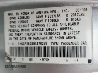 2009 Honda Accord LX-P with VIN 1HGCP26459A176288, listed as a Copart auction lot 54510385 with 195,044 mi miles and Clean Title. Bid and sale history available at DreamBid. Image 13.