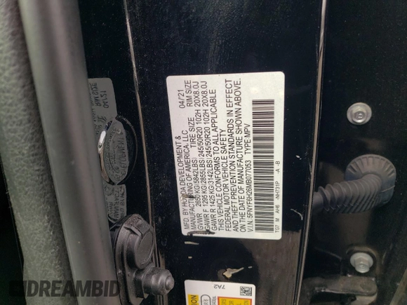 2021 Honda Pilot Special Edition with VIN 5FNYF6H26MB077053, listed as a Copart auction lot 55793135 with 83,110 mi miles and Salvage title. Bid and sale history available at DreamBid. Image 13.