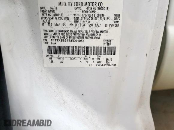 2011 Ford F-250 XL с VIN 1FT7X2B61BED01051, выставлен на аукционе Copart как лот 59464705 с пробегом 257 404 миль миль и Списание • Salvage title. История ставок и продаж доступна на DreamBid. Изображение 13.