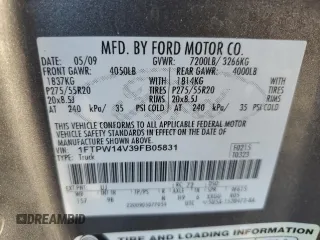 2009 Ford F-150 XL with VIN 1FTPW14V39FB05831, listed as a Copart auction lot 85943924 with 133,893 mi miles and Salvage title. Bid and sale history available at DreamBid. Image 14.