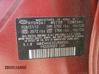 2012 Hyundai Elantra GLS z VIN KMHDH4AE6CU468500, wystawiony jako Copart lot #58522235 z przebiegiem 144 226 mil mil oraz Szkoda całkowita • Salvage title. Historia ofert i sprzedaży dostępna na DreamBid. Obrazek 12.