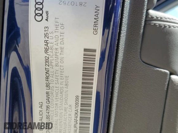 2019 Audi A4 Prestige с VIN WAUFNAF40KA109399, выставлен на аукционе Copart как лот 51333195 с пробегом 22 956 миль миль и Списание • Salvage title. История ставок и продаж доступна на DreamBid. Изображение 12.