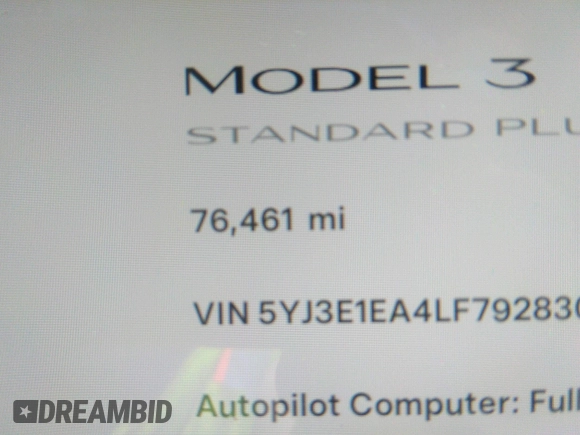 2020 Tesla Model 3 Standard Range Plus with VIN 5YJ3E1EA4LF792830, listed as a IAAI auction lot 41852919 with 76,461 mi miles. Bid and sale history available at carsss.com. Image 7.