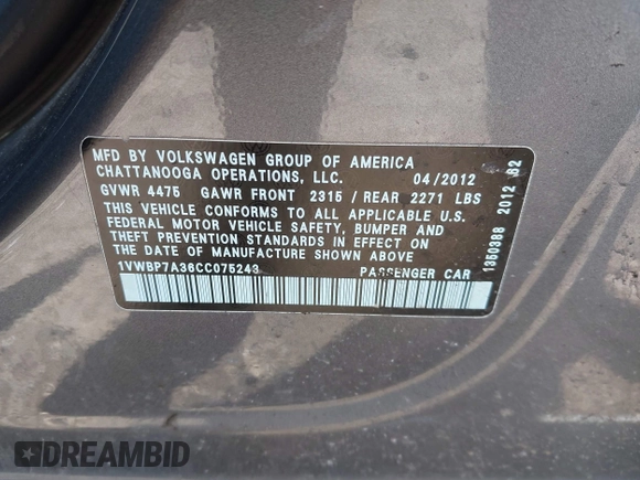 2012 Volkswagen Passat SE с VIN 1VWBP7A36CC075243, выставлен на аукционе IAAI как лот 41867214 с пробегом 156 741 миль миль и . История ставок и продаж доступна на DreamBid. Изображение 9.