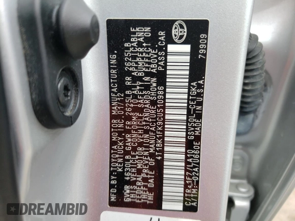 2012 Toyota Camry SE with VIN 4T1BK1FK9CU510986, listed as a Copart auction lot 43035964 with 46,715 mi miles and Salvage Title. Bid and sale history available at carsss.com. Image 12.