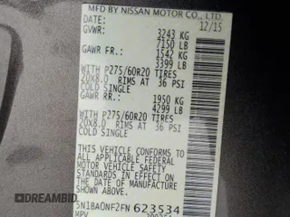 2015 Nissan Armada Platinum z VIN 5N1BA0NF2FN623534, wystawiony jako Copart lot #43910765 z przebiegiem 110 270 mil mil oraz Szkoda całkowita • Salvage title. Historia ofert i sprzedaży dostępna na DreamBid. Obrazek 14.