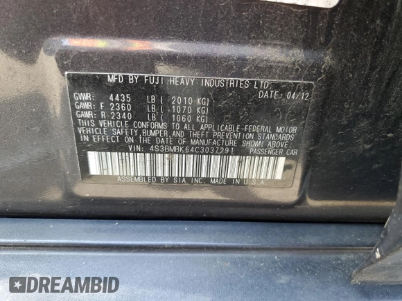 2012 Subaru Legacy Limited with VIN 4S3BMBK64C3037291, listed as a Copart auction lot 57854475 with 153,248 mi miles and Salvage title. Bid and sale history available at DreamBid. Image 12.
