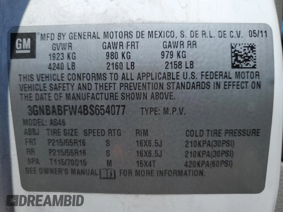 2011 Chevrolet HHR 1LT с VIN 3GNBABFW4BS654077, выставлен на аукционе Copart как лот 58270345 с пробегом 148 819 миль миль и Списание • Salvage title. История ставок и продаж доступна на DreamBid. Изображение 13.